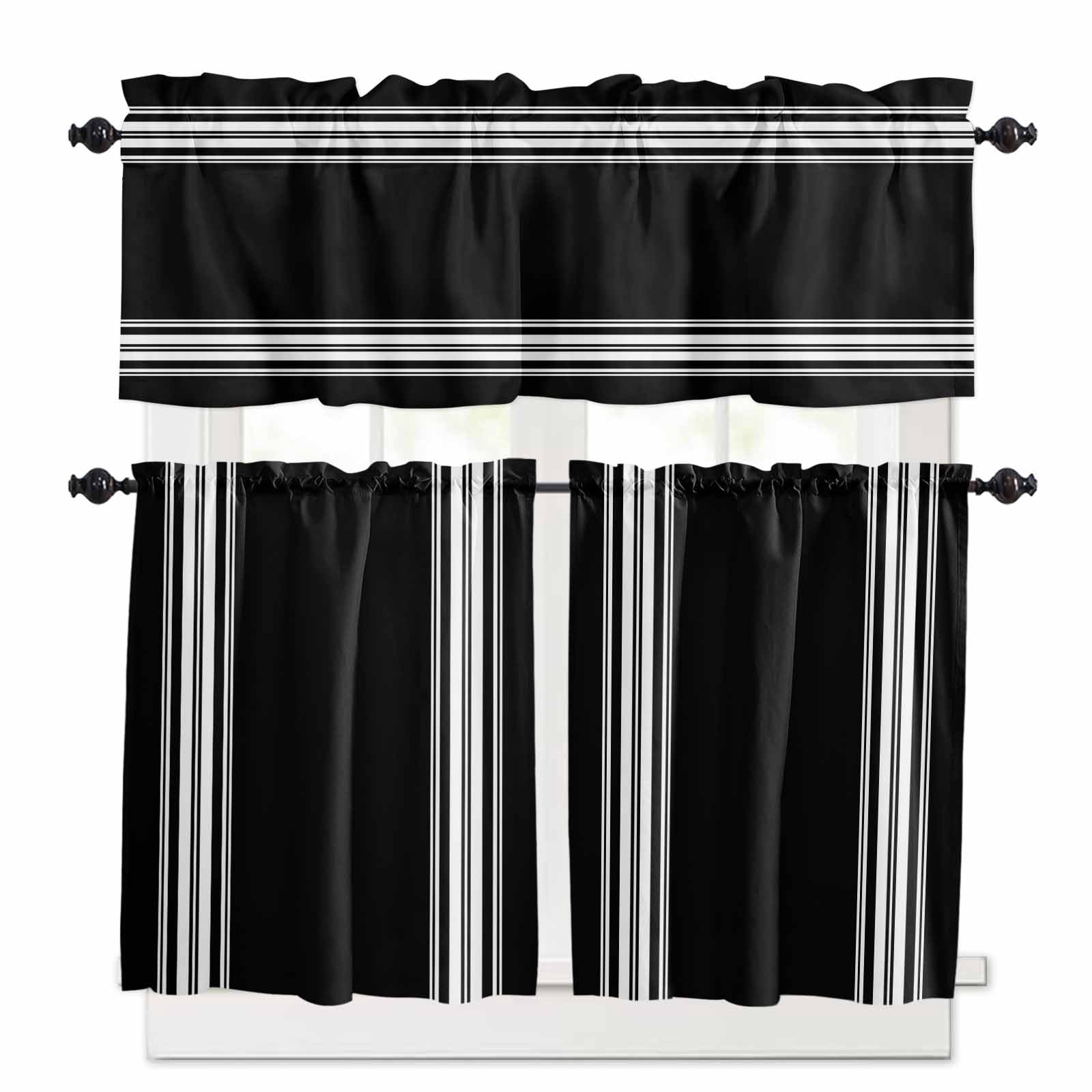Black Striped Kitchen Curtain Set, Farmhouse Black White Stripes Window ...