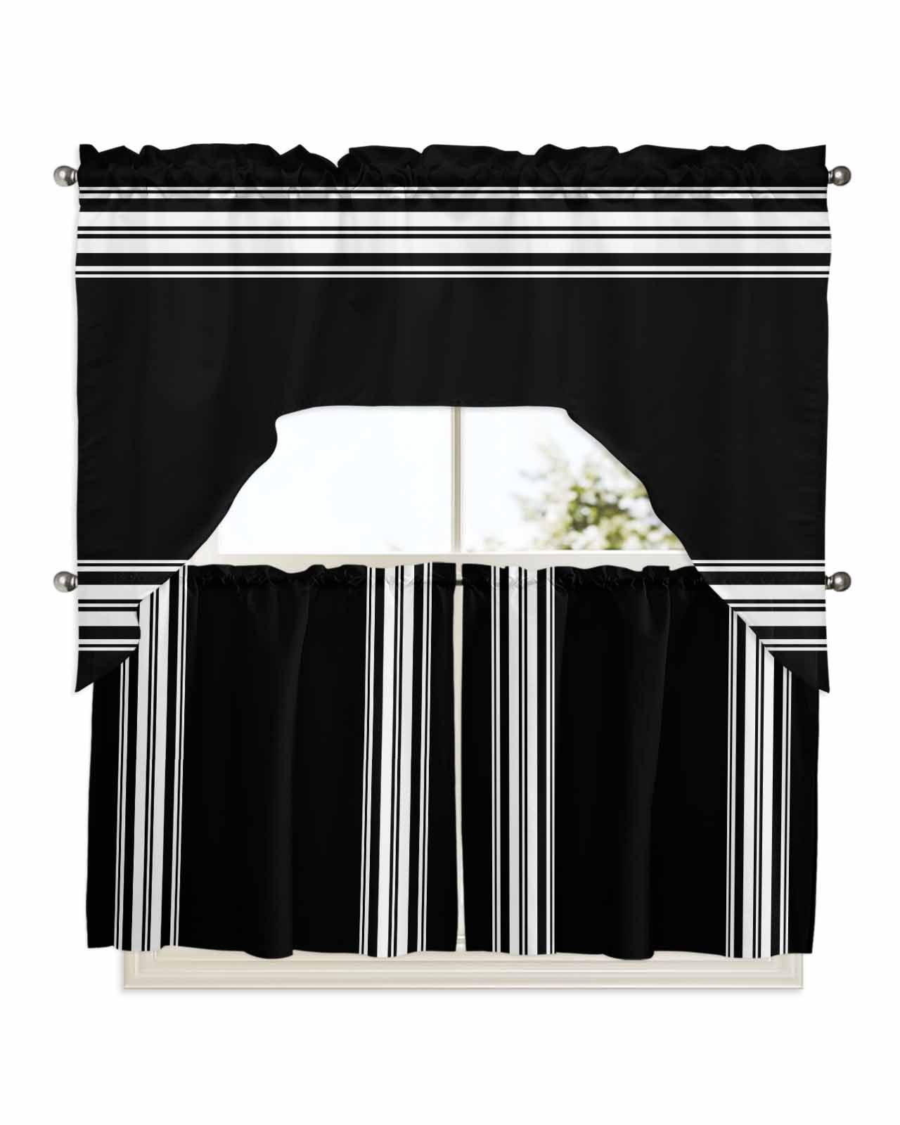 Black Striped Kitchen Curtain and Valance Set 3 Pieces, Rod Pocket ...