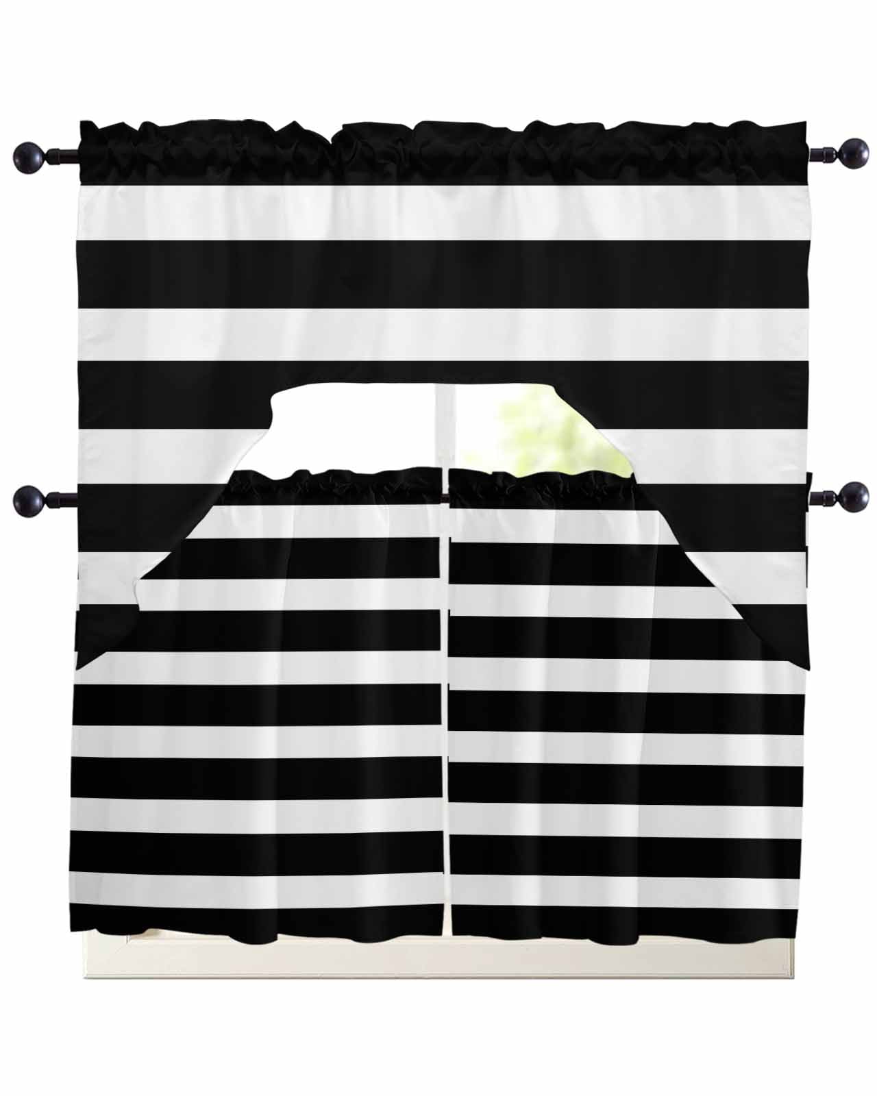 Black Striped Kitchen Curtains Sets 24 Inch Length with Valance, Modern ...