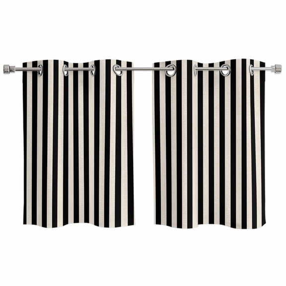 Black Striped Kitchen Curtains Small Short 39 Inch Length, Modern Simple Farmhouse Beige Vintage Grommet Top Bedroom Living Room Curtains, Light Filtering Cafe Curtain Drapes 2 Panels Set 55''x39''
