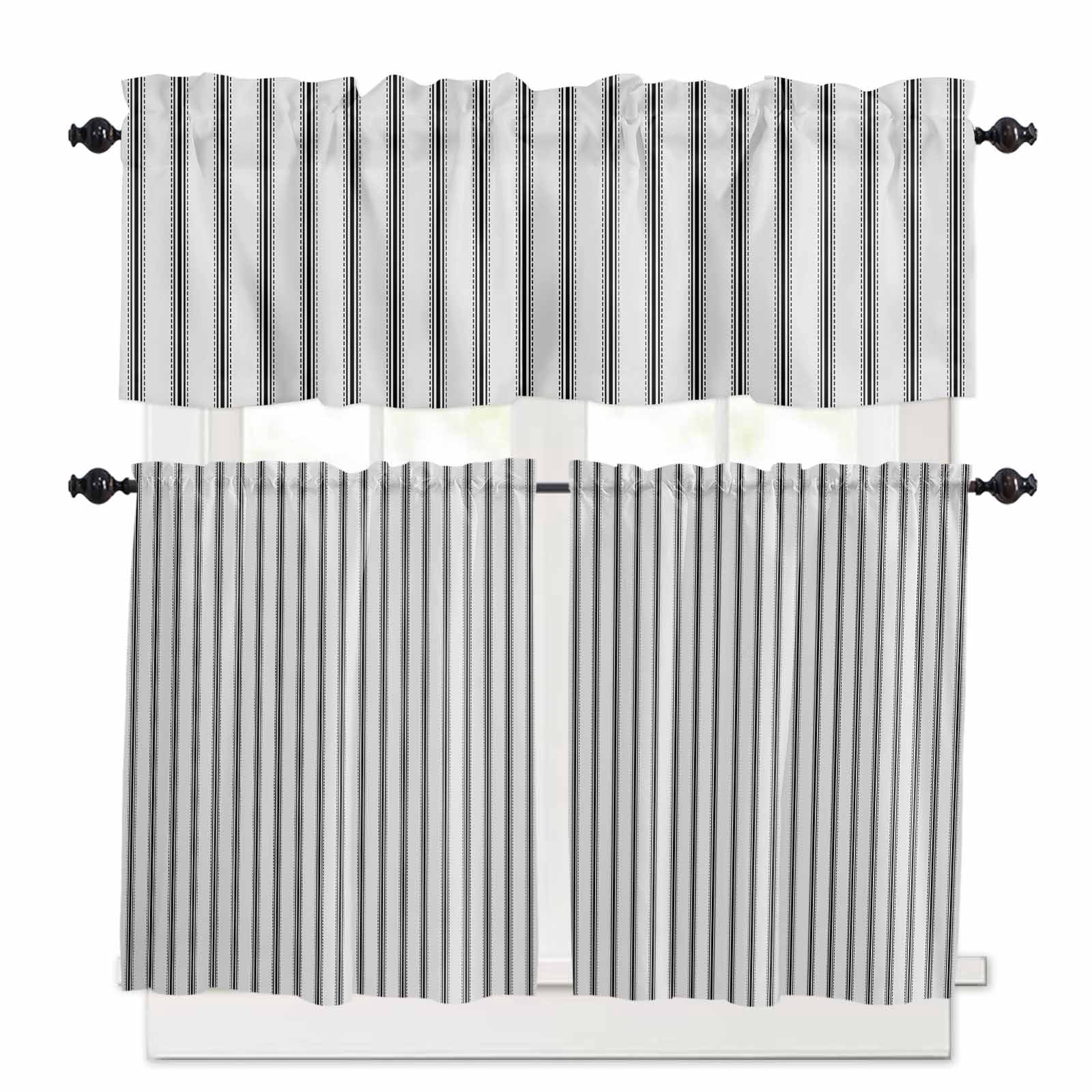 Black Striped Kitchen Curtains and Valances Set, 3 Piece Kitchen ...