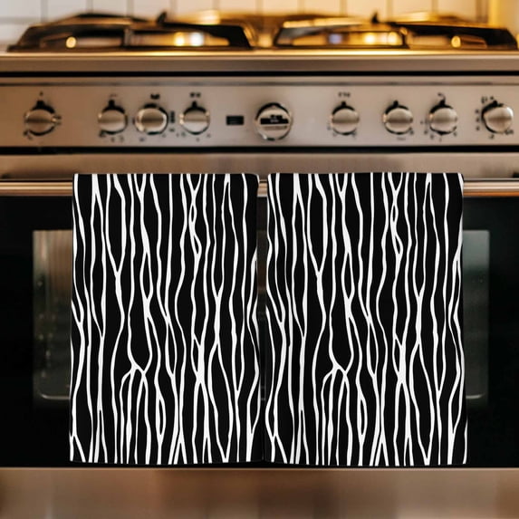 Black Striped Kitchen Towels Set of 1, Retro Wave Lines Texture Simple Absorbent Dish Towels for Kitchen, Microfiber Hand Towel, Quick Drying Tea Towel for Cleaning Decorative Dishcloths
