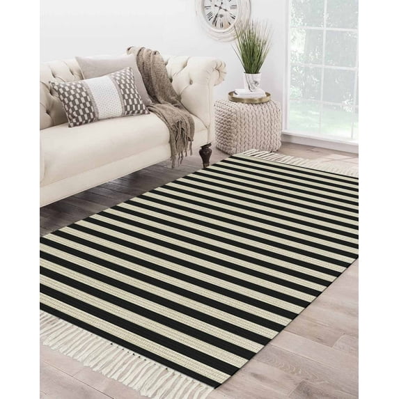 Black Striped Large Area Rug 4x6ft Woven Runner Rug,Modern Simple Farmhouse Beige Vintage Washable Living Room Bedroom Kitchen Bathroom Classroom Carpet with Tassels,Indoor Outdoor Throw Door Mat