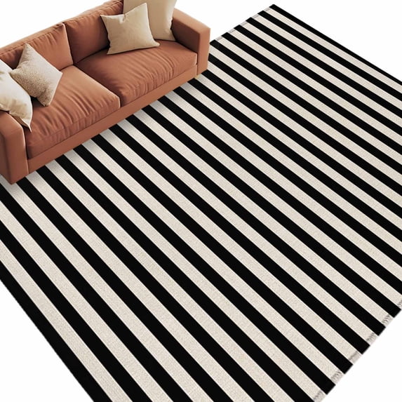 Black Striped Large Area Rugs for Bedroom Living Room, Soft Non Slip Carpet Bedside Rug, Modern Simple Farmhouse Beige Vintage Rectangular Floor Cover Kitchen Accent Rug 5'x7' for Dining Room/Office