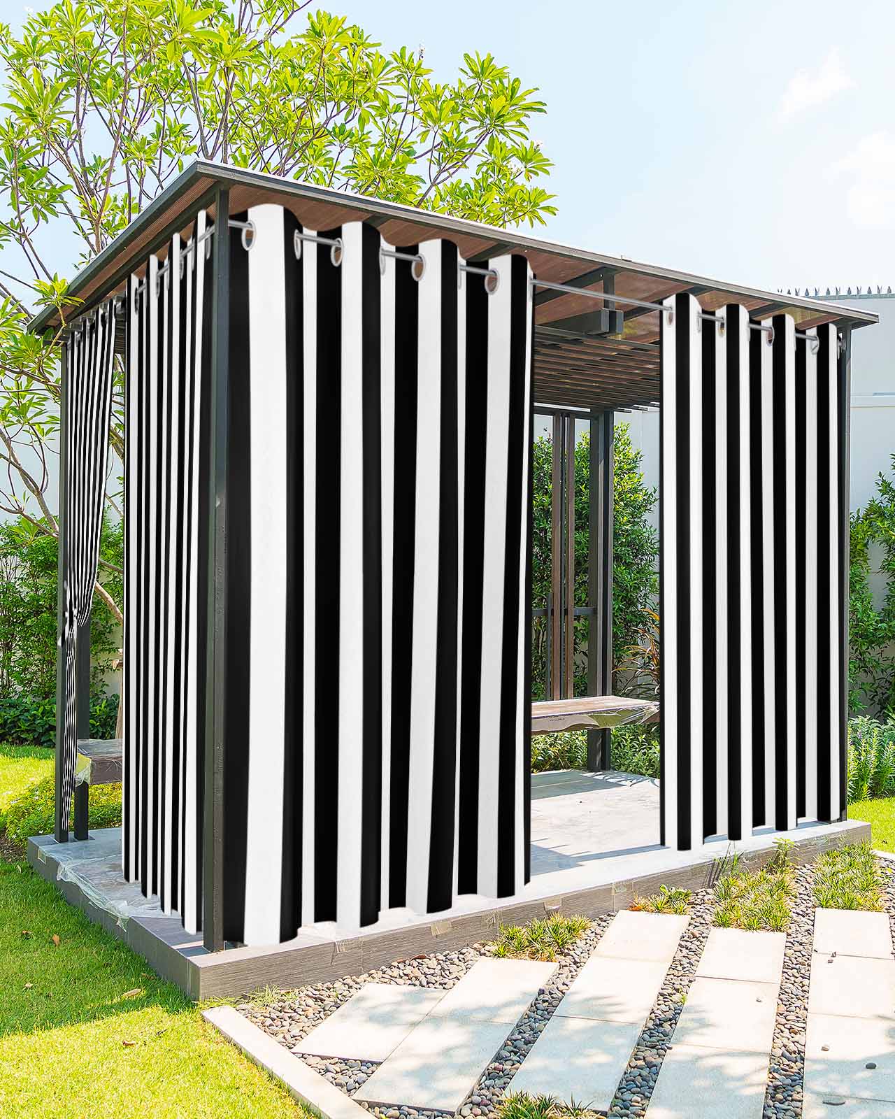 Black Striped Outdoor Curtains for Patio, Modern Farmhouse Black and White Stripes Privacy Drapes Grommet Waterproof Outside Curtains for Porch/Cabana/Balcony 54"x 108", 1 Panel