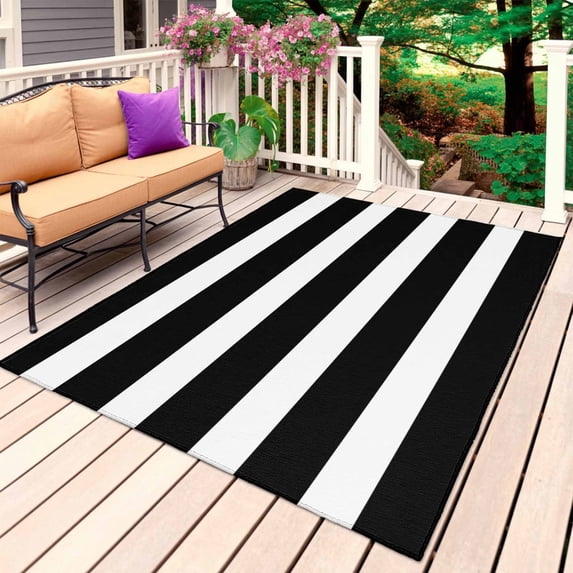 Black Striped Outdoor Rug 5x8 Ft, Non Slip Washable Area Rug, Modern Simple Monochrome Geometric White Patio Rugs Carpet Runner, Large Floor Mat for Indoor/Outdoor Deck Porch Camping