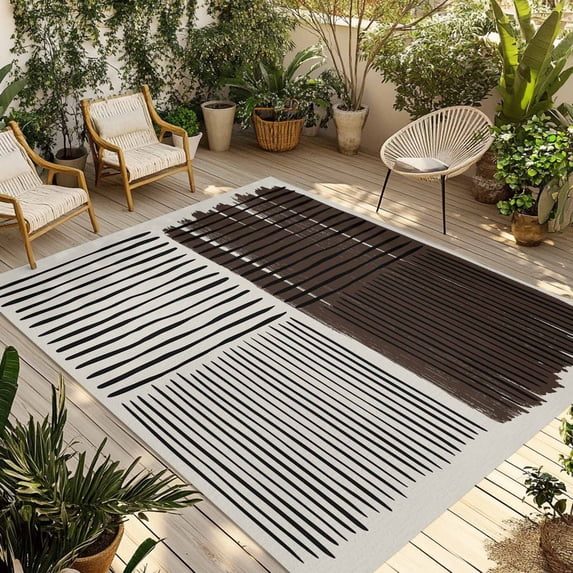Black Striped Outdoor Rug for Patio/Deck/Porch, Non-Slip Large Area Rug 6 x 9 Ft, Farmhouse Stripes Modern Abstract Art Indoor Outdoor Rugs Washable Area Rugs, Reversible Camping Rug Carpet Runner