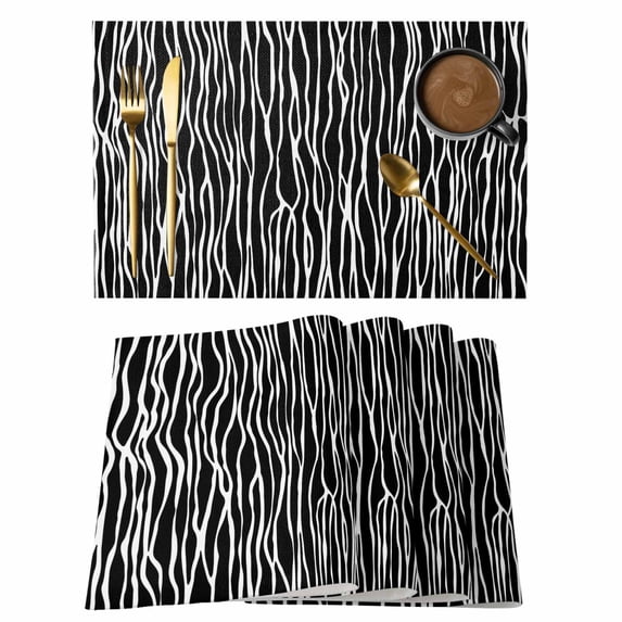 Black Striped Placemats Set of 8, Retro Wave Lines Texture Simple Placemats for Dining Table, Place Mats for Kitchen Tabletop, Waterproof Wipeable Dining Table Mats Set