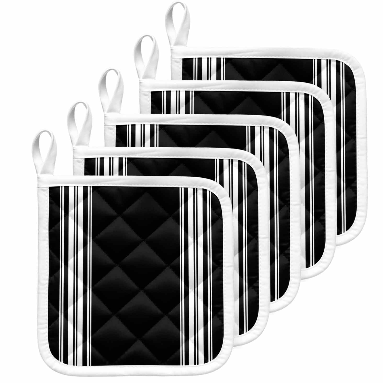 Black Striped Pot Holders for Kitchen Heatproof Potholder, 5 Pack Farmhouse Black White Stripes Hot Pads Multipurpose Oven Pads Cloth Potholders Trivet for Cooking Baking