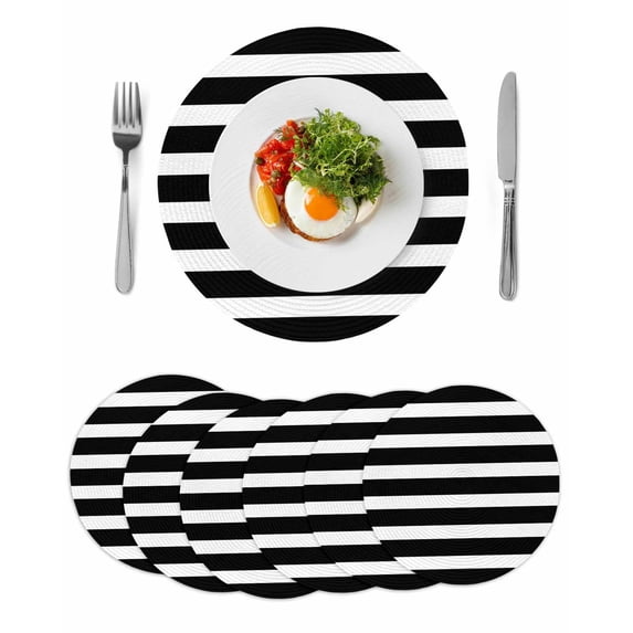 Black Striped Round 15 Inch Placemats Set of 6, Modern Simple Monochrome Geometric White HeatResistant Non Slip Place Mats for Dining Table, Wipeable Braided Kitchen Table Mats for Housewarming