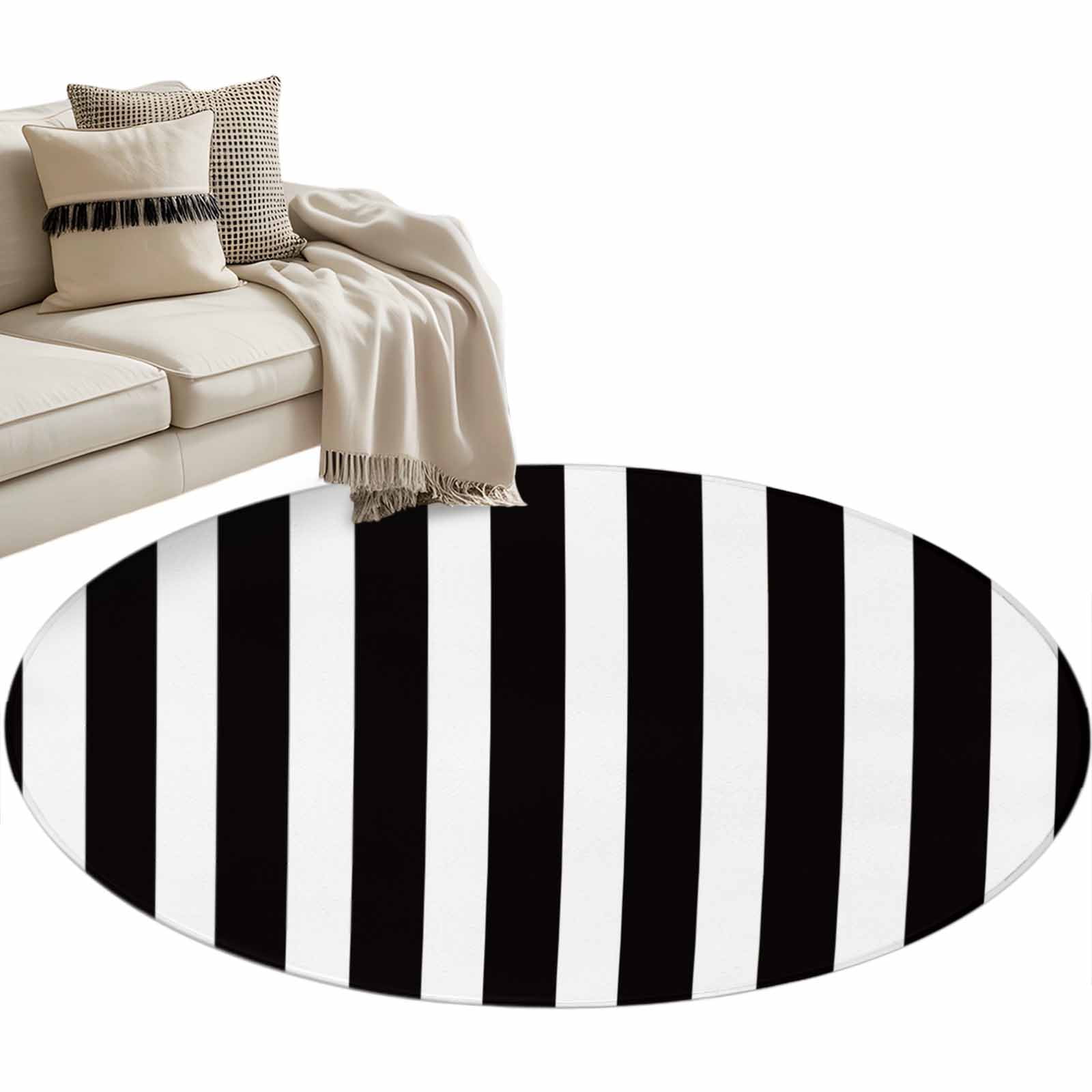 View of Black Striped Round Area Rug 3 FT, Small Kitchen Bathroom Mat, Modern ...