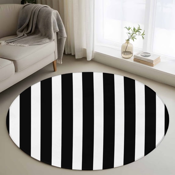 Black Striped Round Area Rug 4 FT, Non Slip Indoor Outdoor Rug, Modern Farmhouse Black and White Stripes Washable Soft Circular Carpet Non-Shedding Floor Mat for Coffee Table Nursery Foyer Balcony