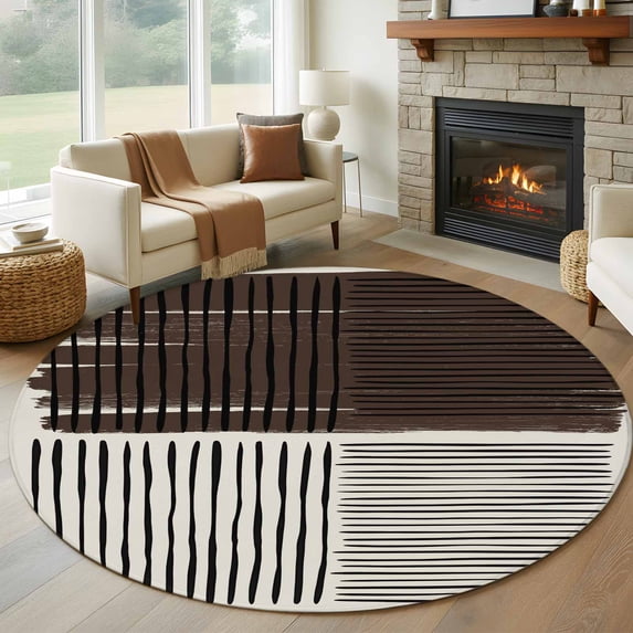 Black Striped Round Area Rug 7Ft Washable Circle Rugs for Dorm Laundry Room, Farmhouse Stripes Modern Abstract Art Non-Slip Carpet Floor Mats Indoor Outdoor Carpet Runner Aesthetic Home Decor