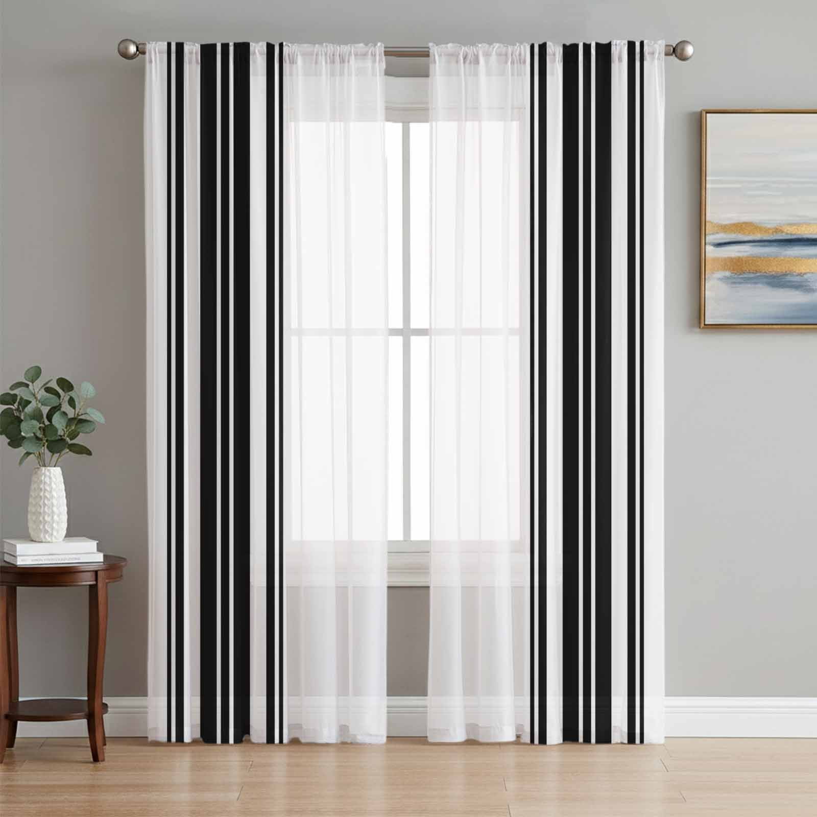 Black Striped Semi Sheer Curtains 108 Inch Length 2 Panels Set,Modern ...