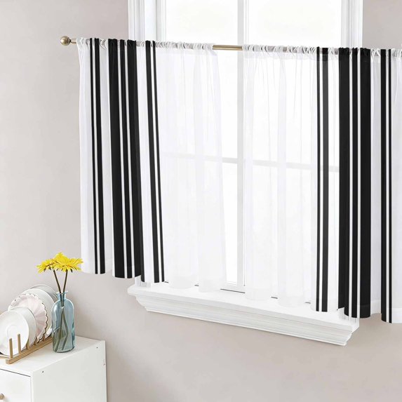 Black Striped Semi Sheer Curtains 54 Inch Length 2 Panels Set,Modern White Striped Abstract Art Aesthetics Sheer Kitchen Curtain Privacy Voile Window Curtain for Living Room Bedroom Rod Pocket Drapes