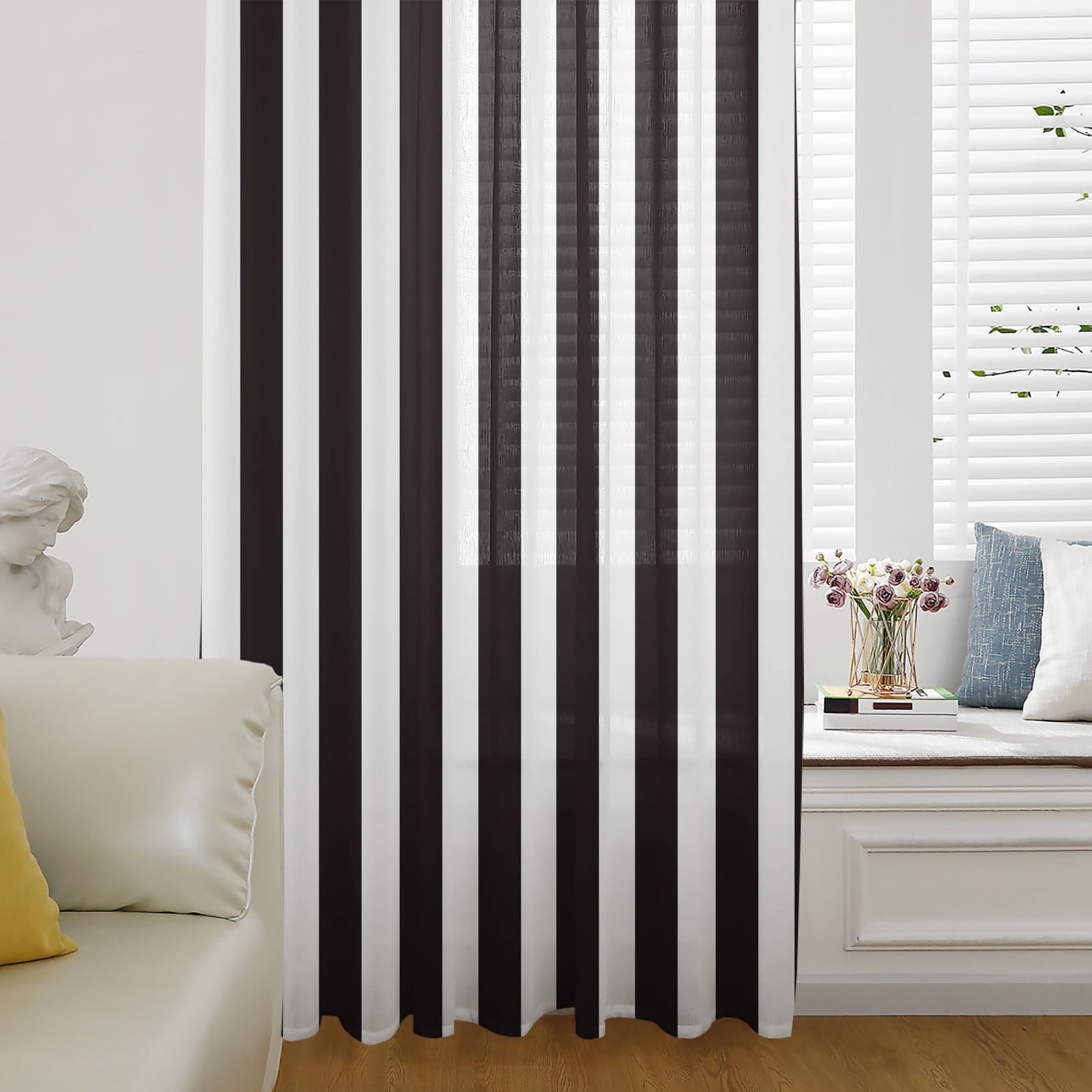 Black Striped Semi Sheer Curtains Drapes for Living Room, Bedroom