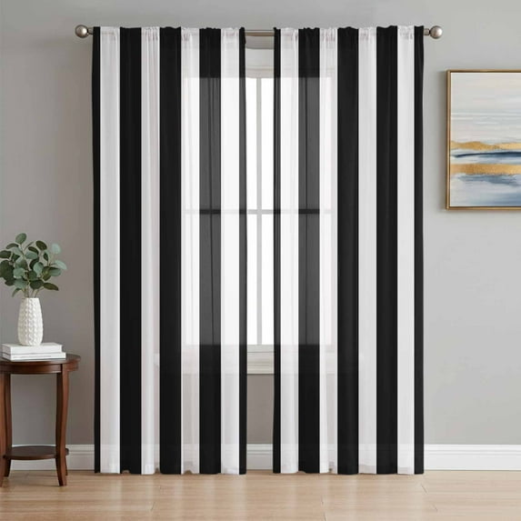 Black Striped Semi Sheer Window Curtains 108 Inches Long, Modern Farmhouse Black and White Stripes Rod Pocket Voile Silky Chiffon Curtain Light Filtering Drapes for Living Room, 52"x108", 2 Panels