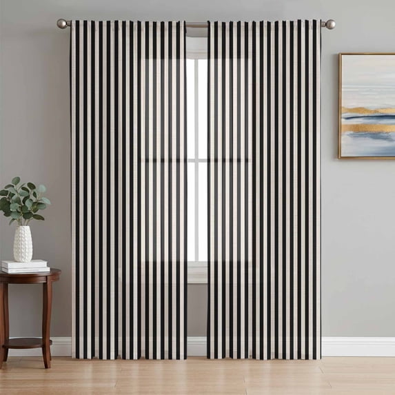 Black Striped Semi Sheer Window Curtains 63 Inches Long, Modern Simple Farmhouse Beige Vintage Rod Pocket Voile Chiffon Curtain Light Filtering Drapes for Living Room, Kitchen, 52"x63", 2 Panels