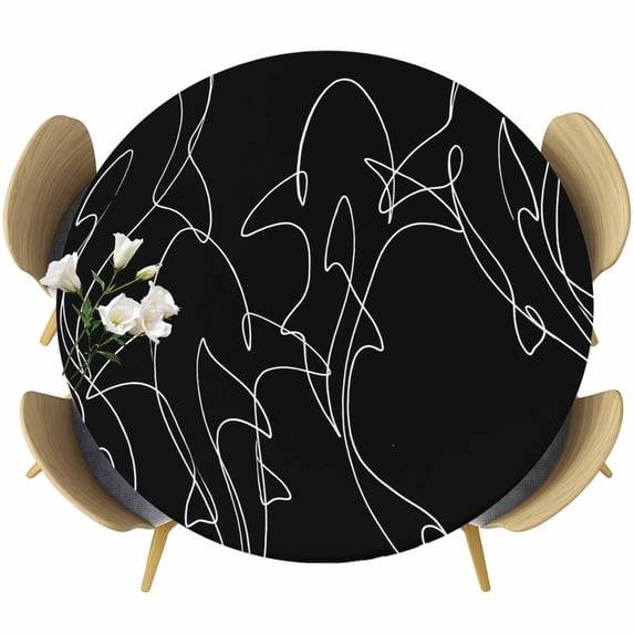 Black Striped Shark Round Tablecloth 45-54 Inch Round Fitted Table Cloth with Elastic Edge, Modern Abstract Art Stripes Waterproof Table Cover Protector for Outdoor Picnic Party Dining