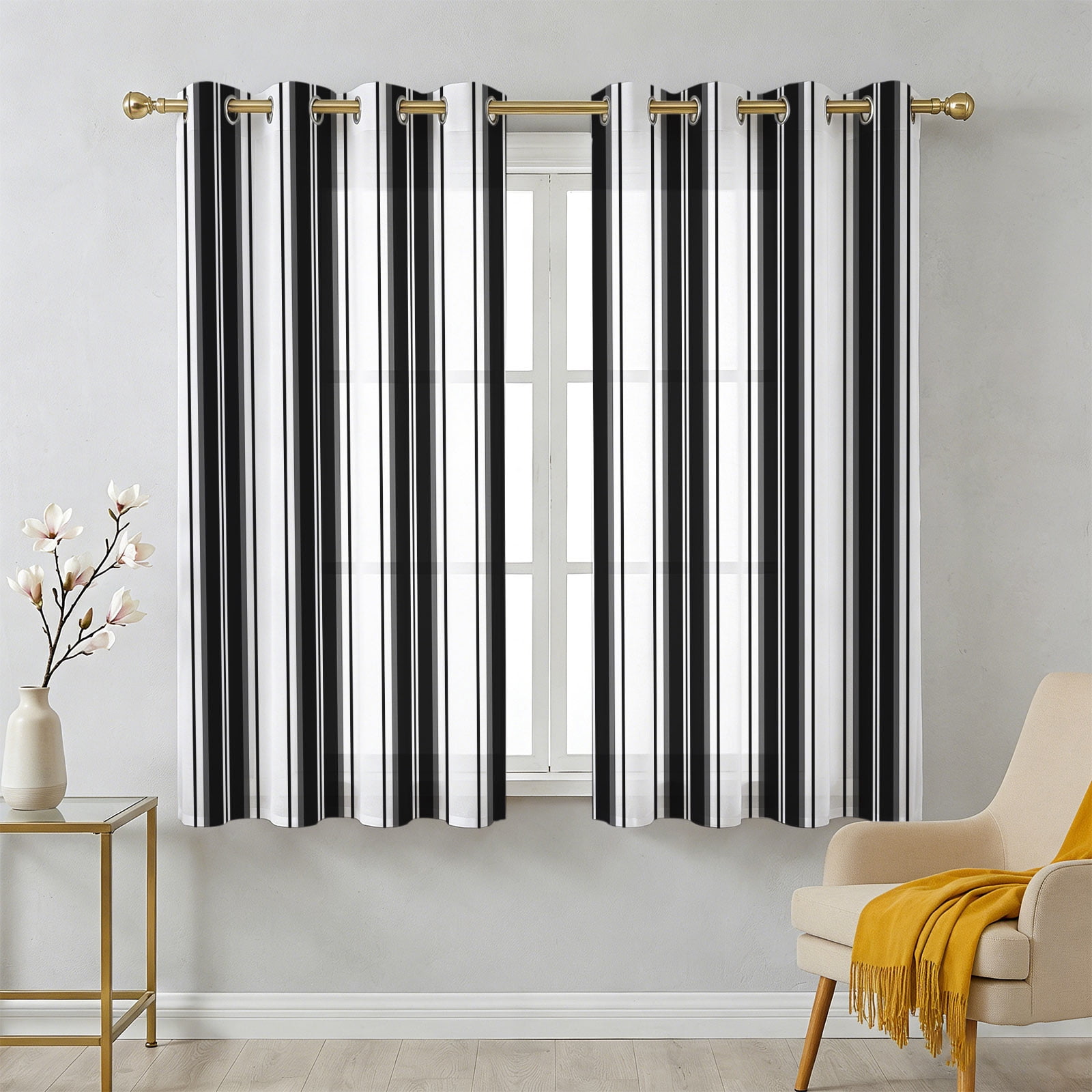 Black Striped Sheer Curtains 45 Inch Long 2 Panels, Vertical Stripe