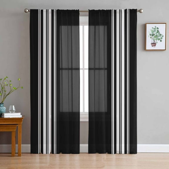 Black Striped Sheer Curtains 63 Inches Length 2 Panels Set, Window Sheer Curtains for Living Room/Bedroom, Farmhouse Black White Stripes Light Filtering Rod Pocket Curtain 52'' x 63'' x 2