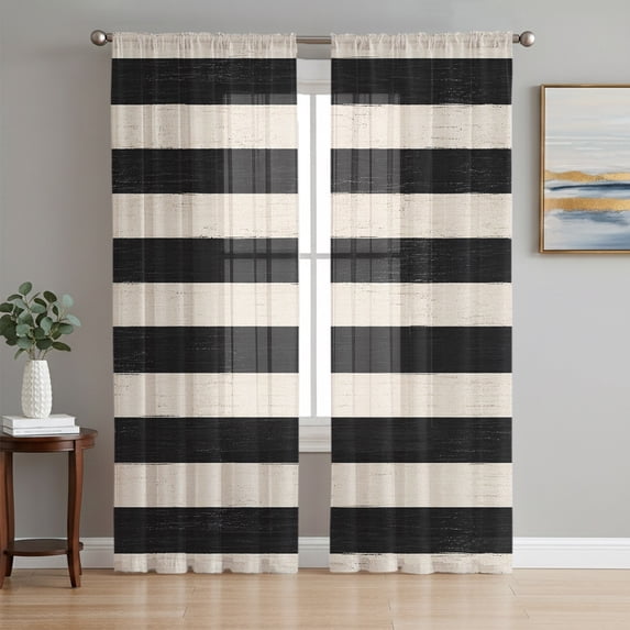Black Striped Sheer Curtains 84 Inch Length 2 Panels Set, Farmhouse Country Minimalist Cream Stripes Voile Window Treatment Rod Pocket Curtains Sheers for Bedroom/Living Room/Kitchen 52"x84"x2