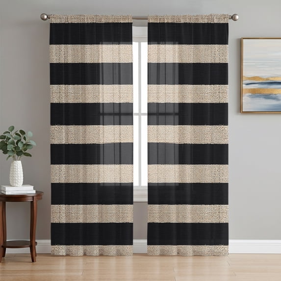 Black Striped Sheer Curtains 96 Inch Length 2 Panels Set, Farmhouse Country Minimalist Brown Stripes Voile Window Treatment Semi Sheer Long Curtains Drapes for Bedroom/Living Room/Kitchen 52"x96"x2