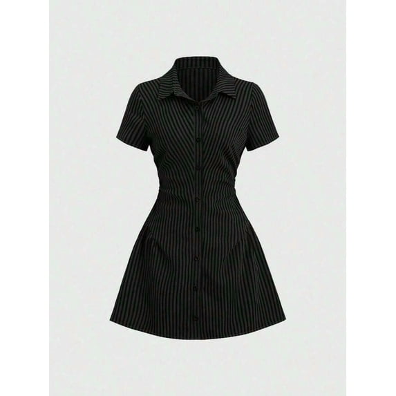 Black Striped Short Sleeve Shirt Dress With Collar And Button Front, Fit & Flare Silhouette For Summer
