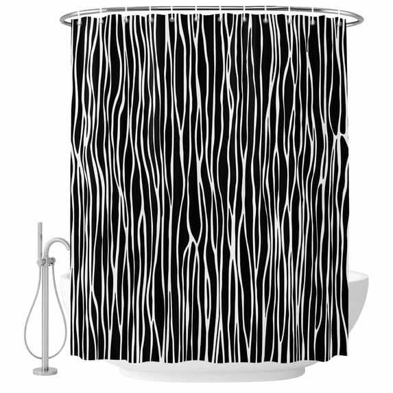 Black Striped Shower Curtain Set - Small 36" x 72" Washable Bathtub Curtain with 12 Hooks, Retro Wave Lines Texture Simple Waterproof Fabric Stall Shower Curtains for Bathroom/Bathtub Décor