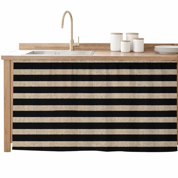 Black Striped Sink Skirt for Bathroom, Self-Adhesive Under Sink Curtain, Farmhouse Country Minimalist Brown Stripes Hide Pipes & Storage Fabric Cabinet Skirt Cover for Kitchen Laundry 32"x55"