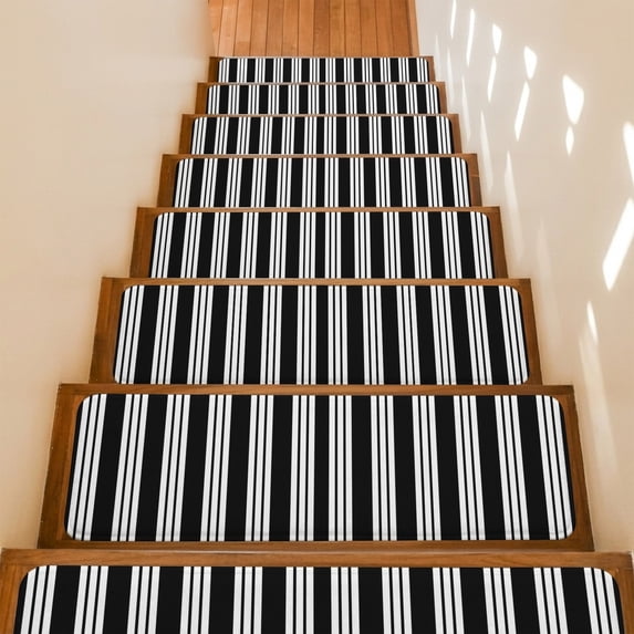 Black Striped Stair Treads Non Slip for Steps Modern Classic Stripes Rustic Country Farmhouse 7 Pcs Reusable Adhesive Stair Runner Mats for Dogs Elders Carpet Treads Rugs for Staircase 8x30 In
