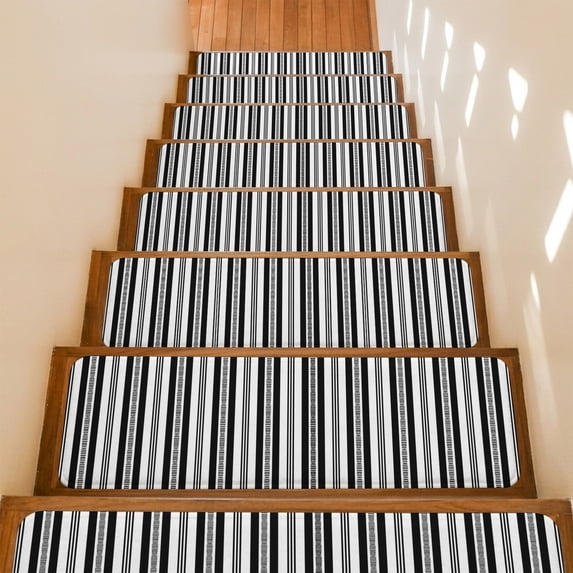 Black Striped Stair Treads Non Slip for Steps Modern Farmhouse Stripes Rustic Geometric 4 Pcs Reusable Adhesive Stair Runner Mats for Dogs Elders Carpet Treads Rugs for Staircase 8x30 In
