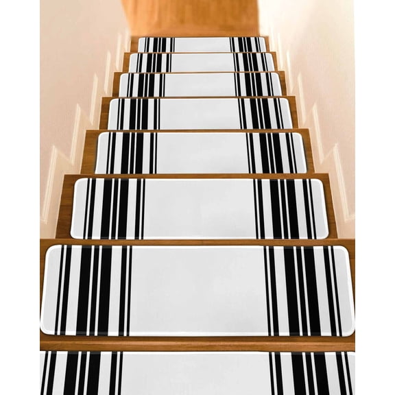 Black Striped Stair Treads for Wooden Steps Indoor Runner Rug Carpet,Modern White Striped Abstract Art Aesthetics 4 Pieces Peel and Stick Staircase Step Treads Covers Washable Throw Door Mats,30"x8"