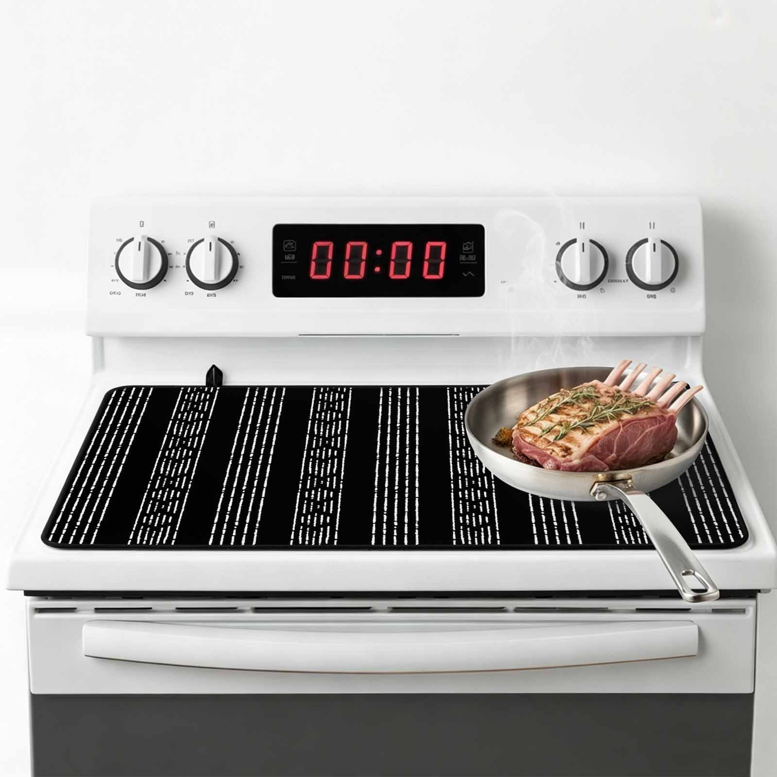 Black Striped Stove Top Cover for Electric Stove, Heat-proof & Non Slip Glass Top Stove Cover Protector, Modern Abstract Art Geometric Stripes Kitchen Flat Cooktop Rubber Mat 24x21 Inches