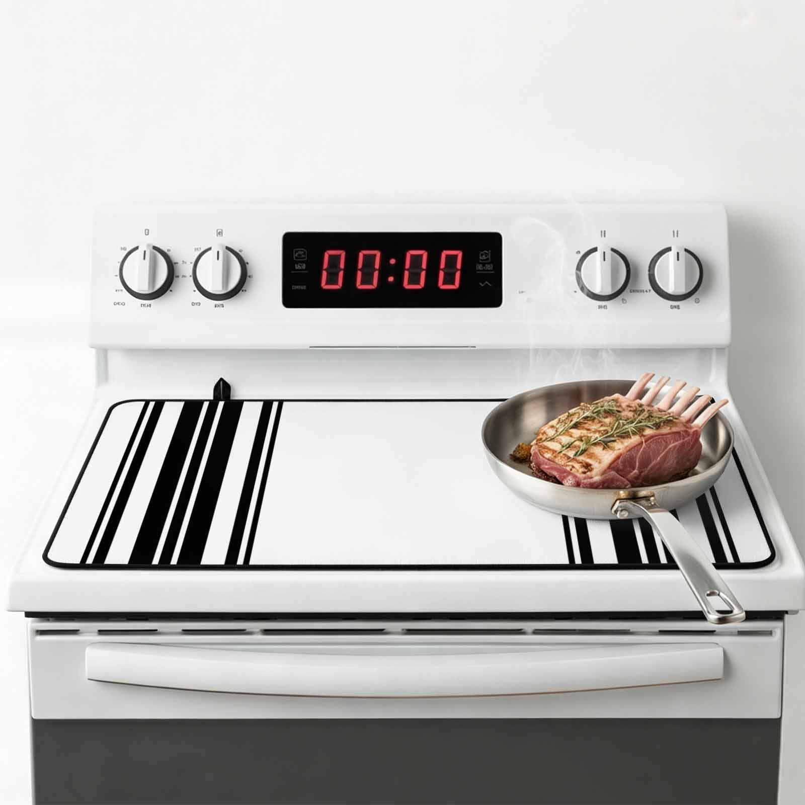Black Striped Stove Top Cover for Electric Stove, Heat-proof & Non Slip Glass Top Stove Cover Protector, Modern White Striped Abstract Art Aesthetics Kitchen Flat Cooktop Rubber Mat 31x24 Inches