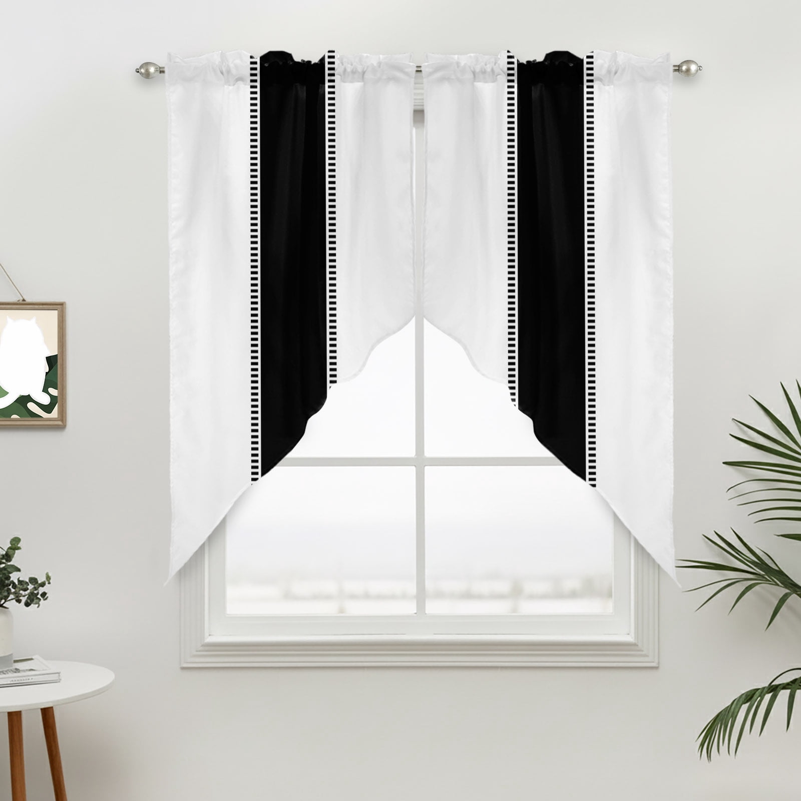 Black Striped Swag Valances for Windows, Simple Color Texture Rod ...