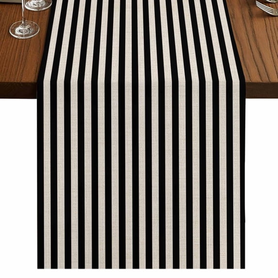 Black Striped Table Runner 36 Inches Long for Dining Tables, Modern Simple Farmhouse Beige Vintage Cotton Linen Table Runner Coffee Tablerunners Dresser for Kitchen Party Holiday Decorations 13"x36"