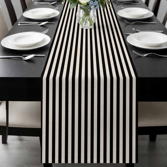 Black Striped Table Runner 48 Inches Long, Modern Simple Farmhouse Beige Vintage Kitchen Coffee Dining Table Decoration for Home Party Birthday Wedding Home Decor 13x48 Inches