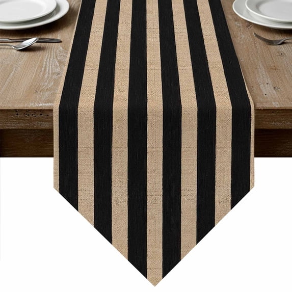 Black Striped Table Runner Linen Burlap Table Runner 48 Inches Long Farmhouse Country Minimalist Tan Stripes Dresser Scarves for Kitchen Island Coffee Dining Room Party Holiday Decoration 13"x48"