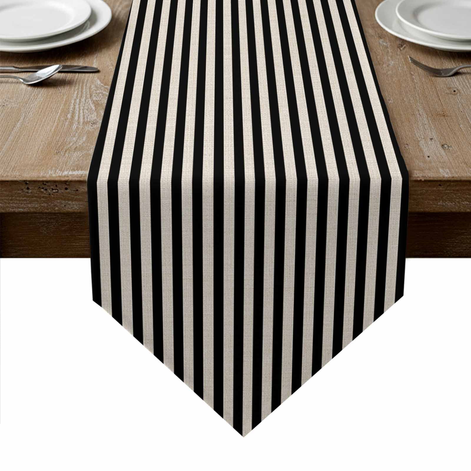 Black Striped Table Runner Linen Burlap Table Runner 90 Inches Long Modern Simple Farmhouse Beige Vintage Dresser Scarves for Kitchen Island Coffee Dining Room Party Wedding Holiday Decor 13"x90"