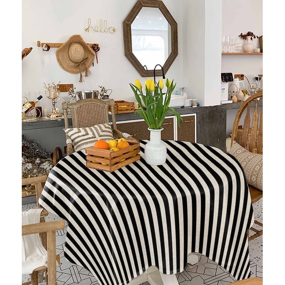 Black Striped Tablecloth Square Table Cloth 54x54, Waterproof Tablecloth Outdoor Table Cloth, Modern Simple Farmhouse Beige Vintage Washable Table Cover for Kitchen Dining Party