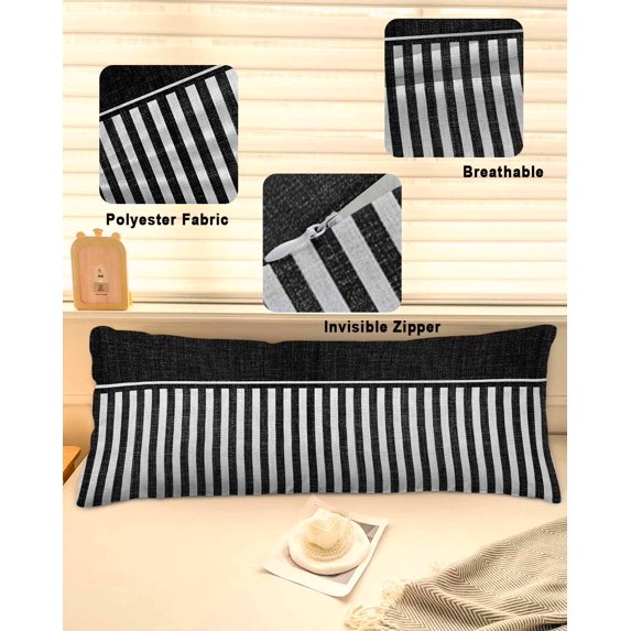 Black Striped Throw Pillow Covers, Boho Stripes Minimalist Linen Texture Soft Breathable Pillow Cases with Invisible Zipper for Sleeping, Long Body Pillowcases for Couch Bed Sofa Chair 20x54 Inches