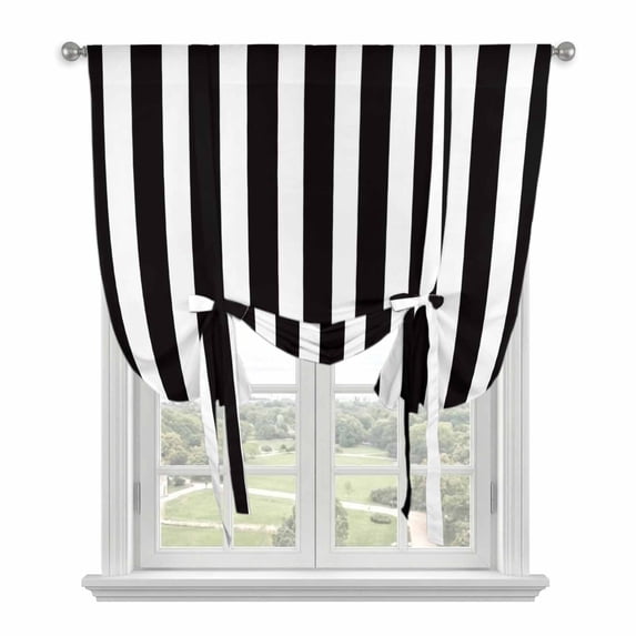 Black Striped Tie Up Curtains for Kitchen Windows,Adjustable Rod Pocket Valance 45 Inch Short, Modern Farmhouse Black White Stripes Window Treatment Balloon Roman Blind Shade, 42" x 45"