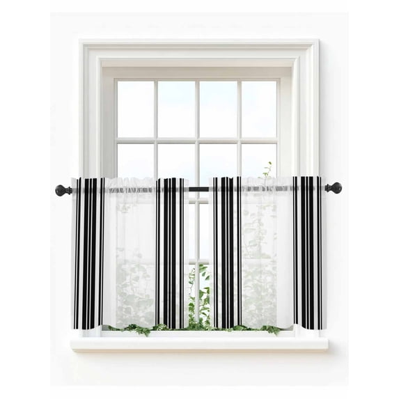 Black Striped Tier Curtains 36 Inch Length,Sheer Curtains for Bedroom Living Room Window Modern White Striped Abstract Art Aesthetics Small Half Window Kitchen Curtains & Drapes 27.5"x36" 2 Panels