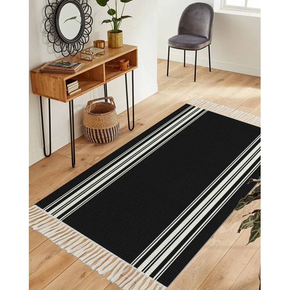Black Striped Washable Area Rug 3'x5', Farmhouse Black White Stripes Woven Cotton Tassels Kitchen Rugs, Non Slip Indoor Door Mat Throw Carpet for Entryway Living Room Nursery Laundry Room