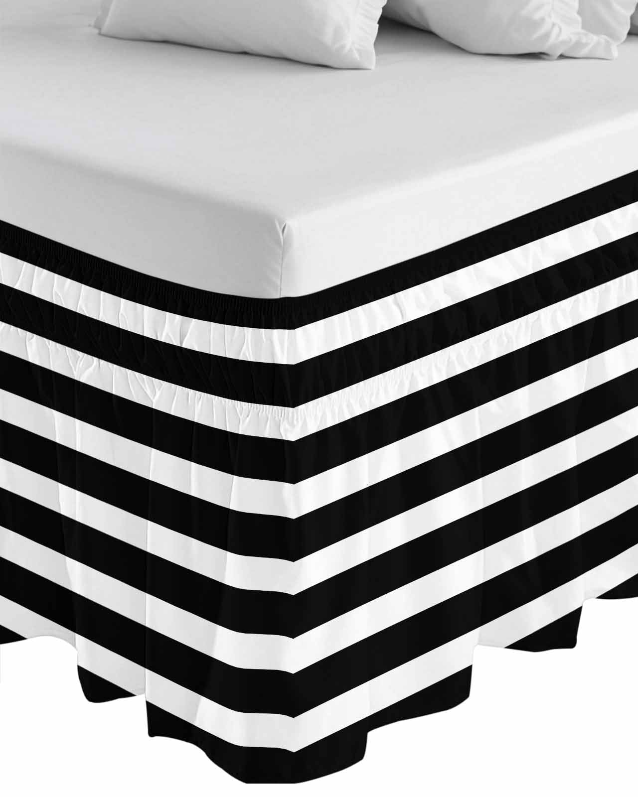 Black Striped Wrap Around Bed Skirts for Queen Bed 18" Drop,Bed Skirt with Adjustable Elastic Belt Dust Ruffle Bed Valance for Bedroom Hotel Modern Simple Monochrome Geometric White Bed Frame Cover
