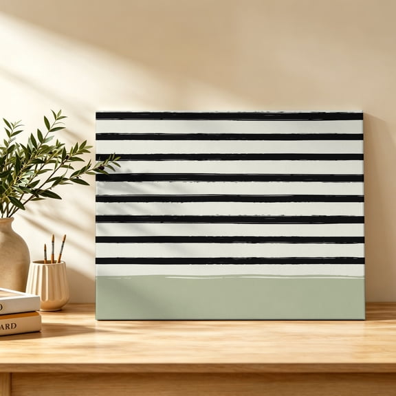 Black Stripes Canvas Wall Art, Scandi Sage Green Border Minimalist Cottagecore Wall Art Prints Artwork Framed Canvas Ready to Hang Art Pictures for Bathroom Bedroom Entry Desk Corner 10" x 8"