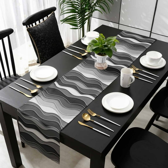 Black Stripes Cotton Linen Table Runner 18 x 72 inch Modern Simple Greyish Gradient Lines Non-slip Rectangular Dining Table Decor for Wedding Party Holiday Dinner