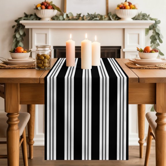 Black Stripes Dining Table Runner, Coastal Black White Gray Lines Modern Washable Table Runners Kitchen Coffee Table Center Decor for Home Party Holiday Wedding 13 x 36 Inches