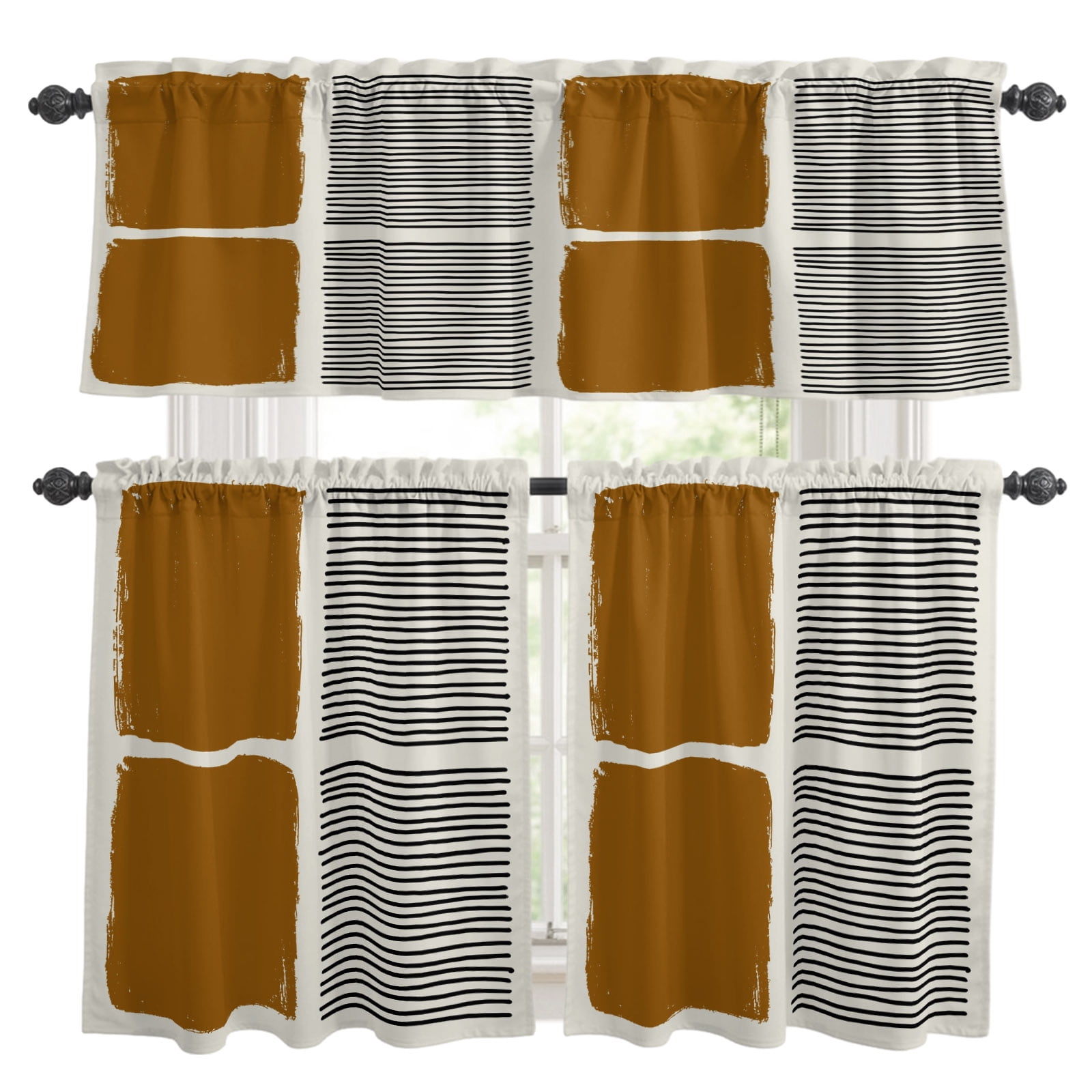 Black Stripes Kitchen Curtains Set for Windows, Brown Japanese Style ...